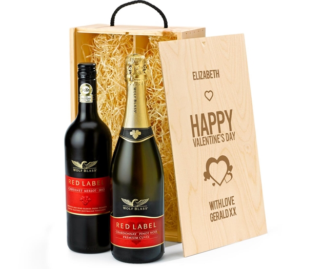Valentine's Day Wolf Blass Red & Sparkling Wine Gift Box With Engraved Personalised Lid